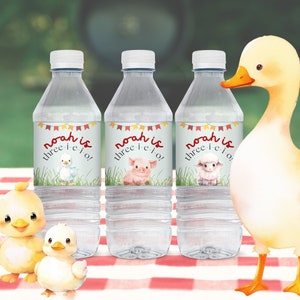 Farm birthday water bottle wrapper decal for party favors and decor | Barnyard birthday with red barn, farm animals, tractor | FARM01