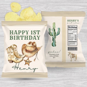 My first rodeo party favor | Editable DIY chip bag wrapper for 1st rodeo birthday | Canva template | Boho beige green cowboy party | RODEO01
