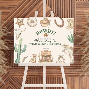 My first rodeo birthday welcome sign | Editable cowboy Wild Western birthday poster | Rustic boho rugged welcome poster | RODEO01
