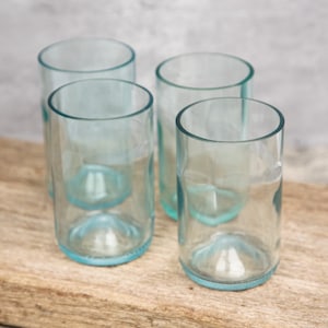 Set of Four Recycled Wine Glasses, sustainable, eco-friendly, minimalist glassware handmade and upcycled glasses made from wine bottles.