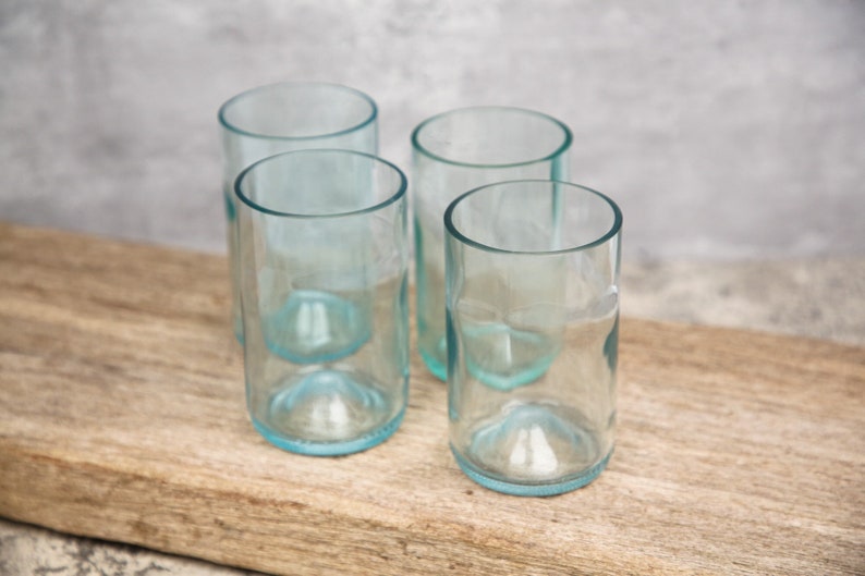 Set of Four Recycled Wine Glasses, sustainable, eco-friendly, minimalist glassware handmade and upcycled glasses made from wine bottles.