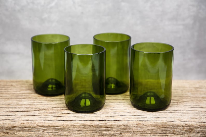 Set of four Recycled Wine Glasses, sustainable, eco-friendly, minimalist glassware handmade and upcycled glasses made from wine bottles.