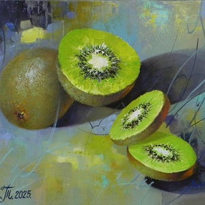 Still life for kitchen beautiful green kiwi Small Kitchen Art painting for dining room Unique Food Art Gift