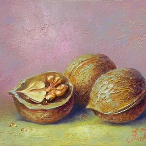 Still life walnuts for kitchen original small painting walnuts art original oil artwork