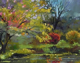 Herbst Landschaft Malerei Original Öl Kunstwerk 7.8x15.7 Natur auf Leinwand gerahmtes Kunstwerk