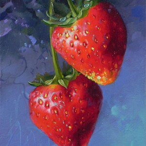 Petite peinture originale de deux fraises rouges pour la cuisine avec des fruits fruits frais rouge vif sur toile