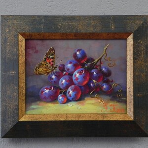 Still life with grapes framed small fruit painting with grapes for kitchen decor Gifts for birthday