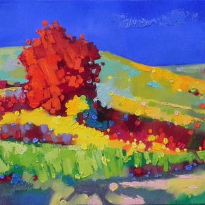 Colorful Landscape Oil Painting 40x20 cm Original Vibrant Nature Wall Art Impasto Palette Knife Art by Mykhailo Novikov