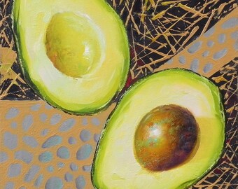 アボカドの絵画、アボカドのオリジナル静物油絵、8x8インチの