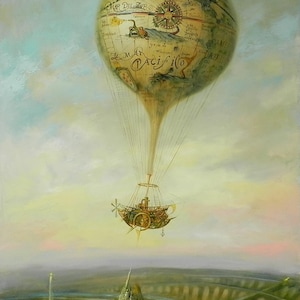 Original Steampunk Ölgemälde Heißluftballon Fantasy Kunst, surreale Traumlandschaft Wanddekoration