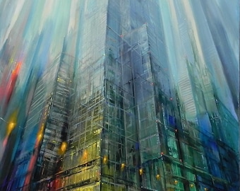 ニューヨークの街並みを描いた油絵：テクスチャーのあるパレットナイフ