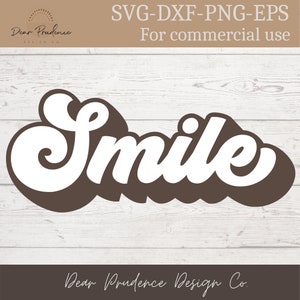 May include: White cursive text that says "Smile" on a brown background. The text is in a retro style font.