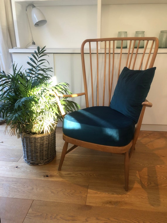 Ercol Armchair Tall Back Blonde Ercol Chair Retro Chair Vintage Chair Original Ercol Armchair Velvet Chair Etsy