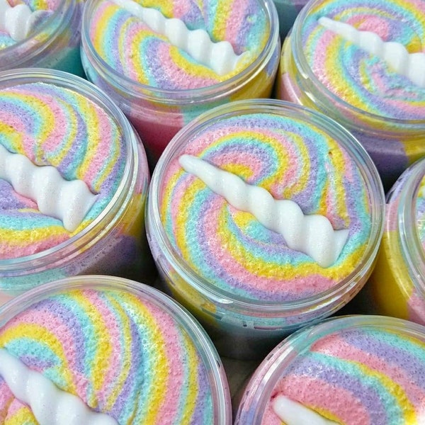 Unicorn Rainbow, Whipped Sugar Scrub, Unicorns gonna bake vanilla cake, birthday cake, Unicorn horn, Rainbow soap, Sugar Whip, Body Scrub