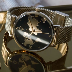 Gold world map watch,stylish world map dial,statement watch,unique watch,traveler accessory,globetrotter's watch,wristwatch -Alectrona