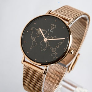 Montre femme carte du monde, montre Wanderlust, montre de voyage, montre femme, carte du monde, or rose, accessoire, cadeau de Noël, cadeau -Neptune |