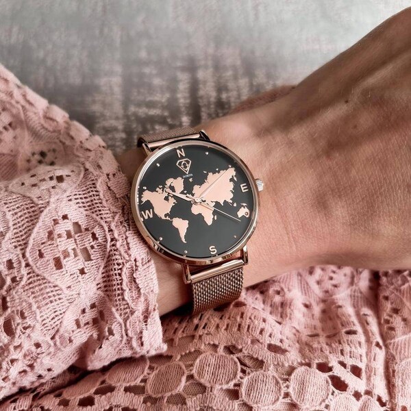 World Map Watch,Traveller watch,Rose Gold Watch,Boho Watch,Women Watch,Gift for Her,Travel Gift,Accessory,Present, Ladies gift-Asteria