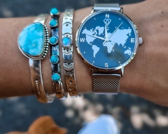 World map watch, wanderlust watch, silver watch, wanderlust accessory, wrist watch, adventure watch, gift for her, traveller gift - Selene
