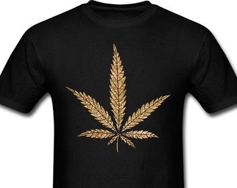 Gold Sparkle Marijuana Leaf T-shirt - Gold Glitter Cannabis Shirt - Sparkly Pot Leaf Shirt
