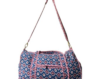 Quilted cotton sustainable handmade duffle bag, shopping bag travel bag eco friendly boho printed bag