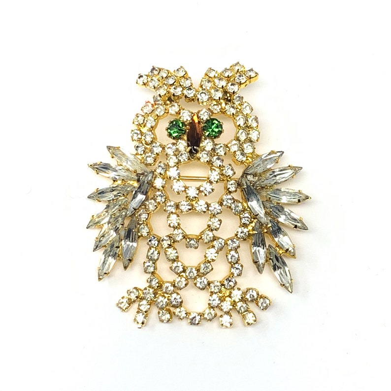 White /& Green prong Set Rhinestones Vintage Hobe Owl Brooch