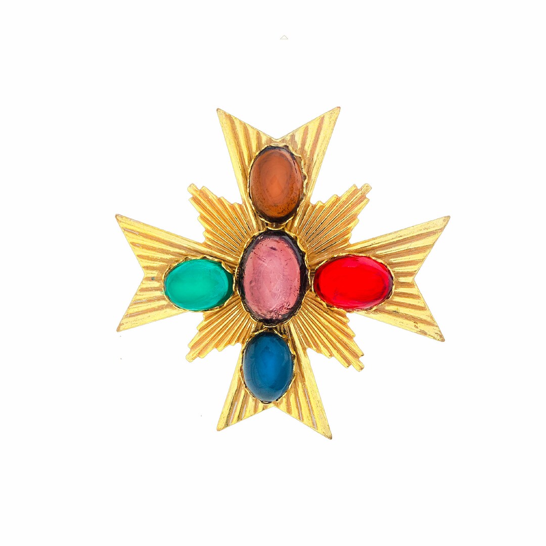 Miriam Haskell Gold Maltese Cross Brooch With Red Blue & - Etsy