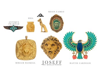 Estate Jewelry, Miriam Haskell, Hattie Carnegie, Joseff of Hollywood, Egyptian Revival, Antique Vintage Brooches and Pendant