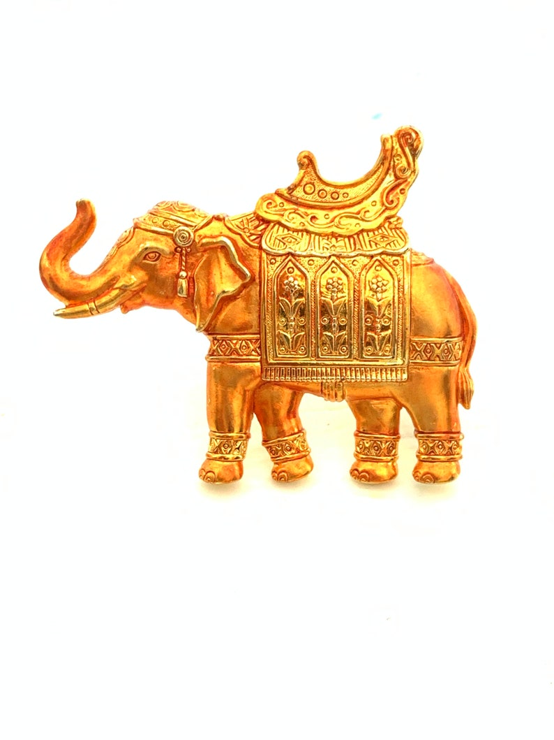 90s retro jewelry Saffron Elephant signed JJ Indian Wedding Dress Orange Pin Vintage Large Brooch