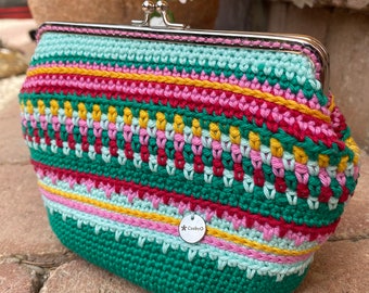 Hand-made colourful crochet purse with kiss lock clasp frame.