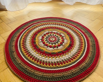 Tapis "mandala" au crochet coloré fait à la main