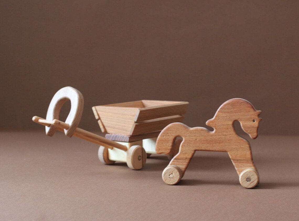 Wooden push toy horse on wheels with a cart / gift for kids / Etsy