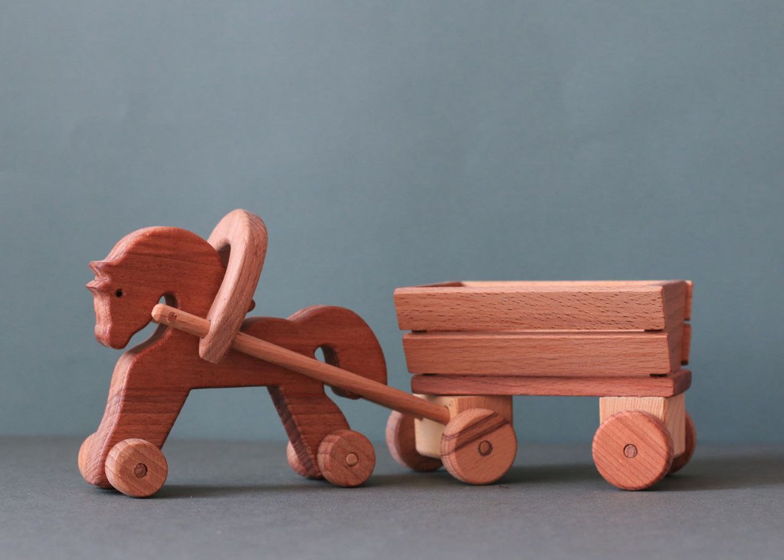 Wooden push toy horse on wheels with a cart / gift for kids / Etsy