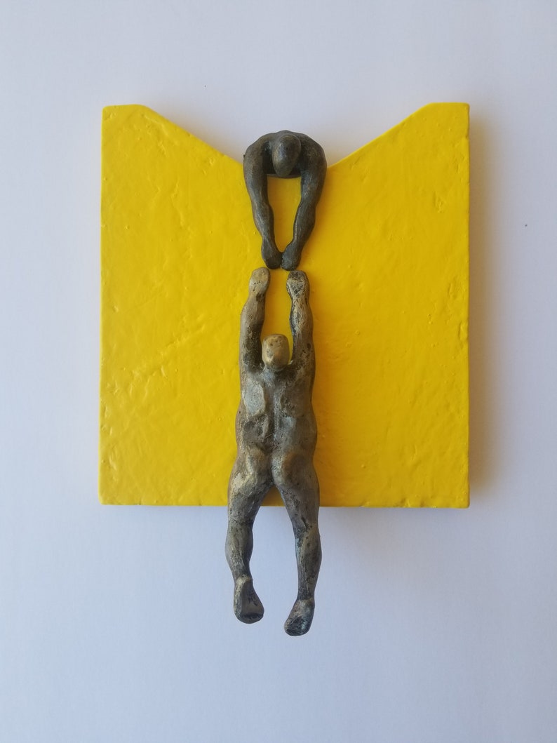 Wall figurine helping a climber, wavy base, original sculpture, by Diaz art, mixed media, wall mounted art limited edition, modern art Yellow