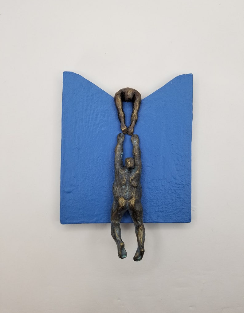 Wall figurine helping a climber, wavy base, original sculpture, by Diaz art, mixed media, wall mounted art limited edition, modern art Blue