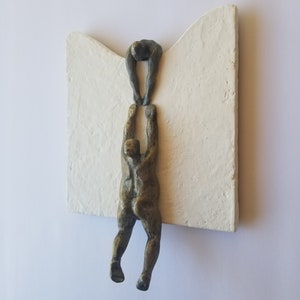 Wall figurine helping a climber, wavy base, original sculpture, by Diaz art, mixed media, wall mounted art limited edition, modern art image 7