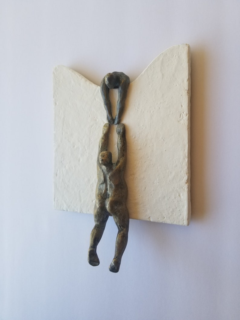 Wall figurine helping a climber, wavy base, original sculpture, by Diaz art, mixed media, wall mounted art limited edition, modern art image 7