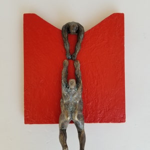 Wall figurine helping a climber, wavy base, original sculpture, by Diaz art, mixed media, wall mounted art limited edition, modern art Red