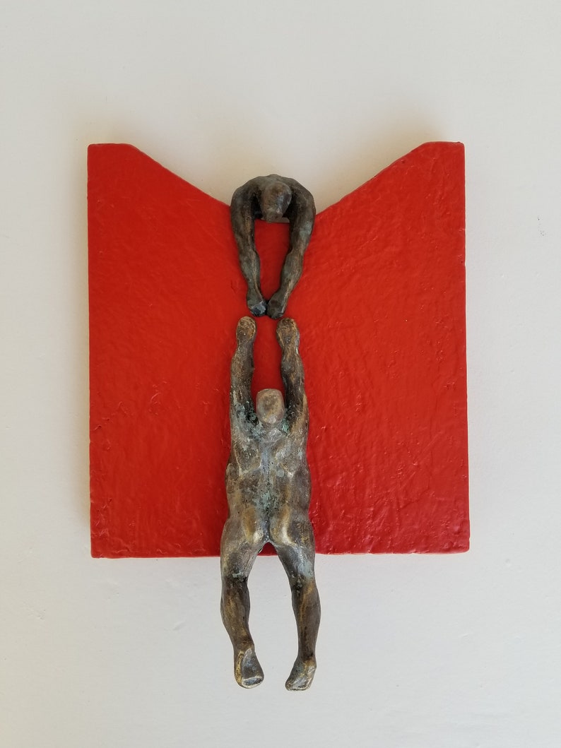 Wall figurine helping a climber, wavy base, original sculpture, by Diaz art, mixed media, wall mounted art limited edition, modern art Red