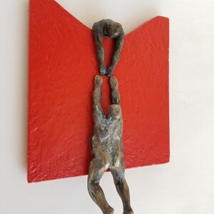 Wall figurine helping a climber, wavy base, original sculpture, by Diaz art, mixed media, wall mounted art limited edition, modern art image 3