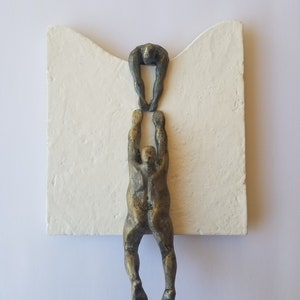 Wall figurine helping a climber, wavy base, original sculpture, by Diaz art, mixed media, wall mounted art limited edition, modern art White