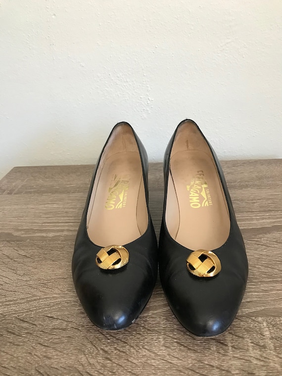 Vintage Ferragamo Black Leather Kitten Heels