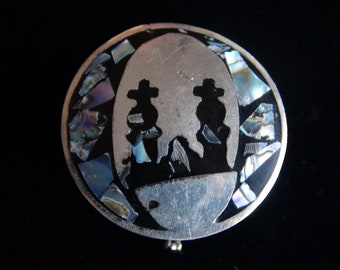Vintage Pill Box Alpaca Silver With Abalone Shell Inlay Picturing Crosses