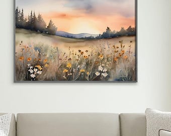 Soothing Sunset Watercolor Landscape Digital Painting - Wildflower Meadow, Rolling Hills & Trees, Dreamy Nature Art, High Quality Download