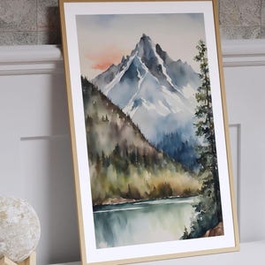 Evergreen Trees Watercolor Painting Style - Mountain Landscape with Lake, Misty Pines & Snowy Peak Wall Art Print - Print Digital Download