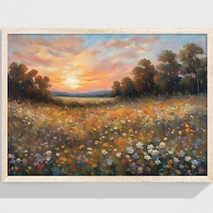 Wildflower Meadow at Sunset Watercolor Painting - Impressionist Landscape with Colorful Flowers and Golden Hour Light, Digital Download Art