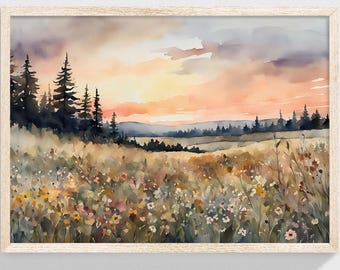 Watercolor Wildflower Field Landscape Print: Sunset Mountain View (Digital Download)