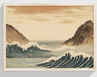 Lámina artística japonesa de paisaje marino, olas del océano, estilo Ukiyo-e (descarga digital)
