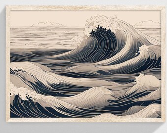 Japanese Woodblock Ocean Waves Art Print: Vintage Nautical Decor (Digital Download)