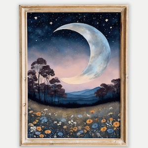 Wildflower Field Crescent Moon, Printable Lunar Wall Decor, Moon Digital Print, Mystic Lunar Art, Moon Forest Poster, Minimalistic Moon Art