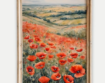 Watercolor Poppy Field Print: Tuscan Floral Landscape (Digital Download)
